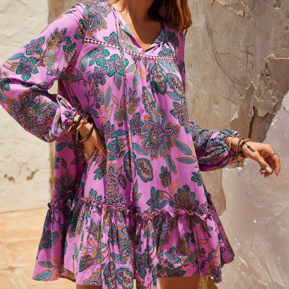 Boho gypsy floral print long sleeve smock dress - Picture 5 of 5